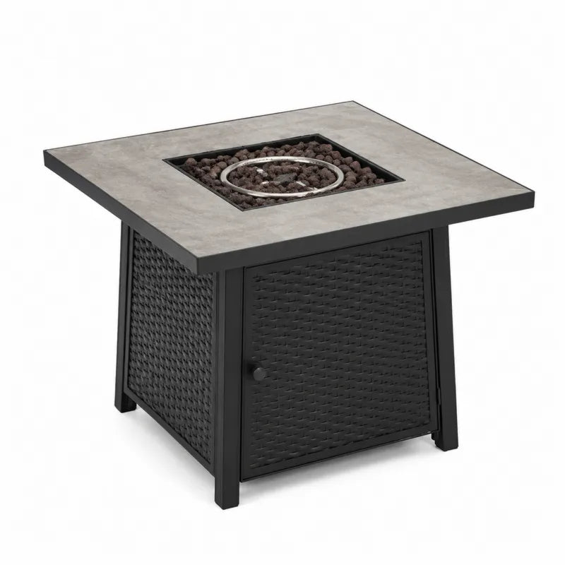 Kwadratowy stół ogrodowy z paleniskiem, stal i rattan, 85x85x70 cm, czarny/szary