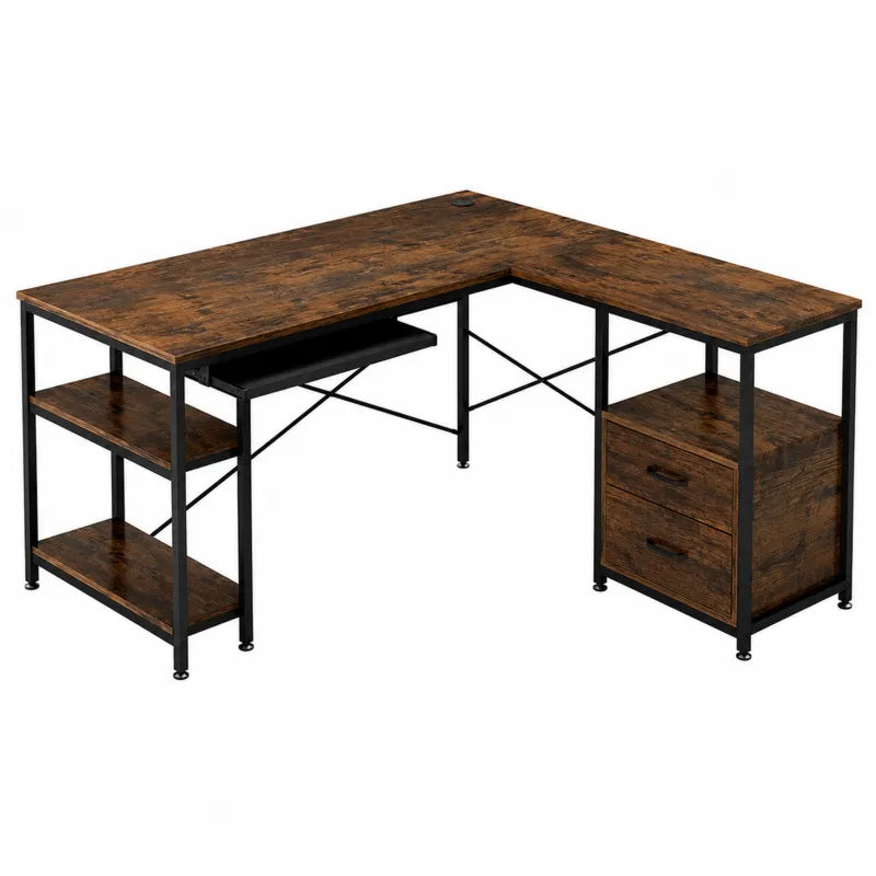 Biurko narożne z drewna i metalu z szufladami i półkami 150x120x75 cm brązowe