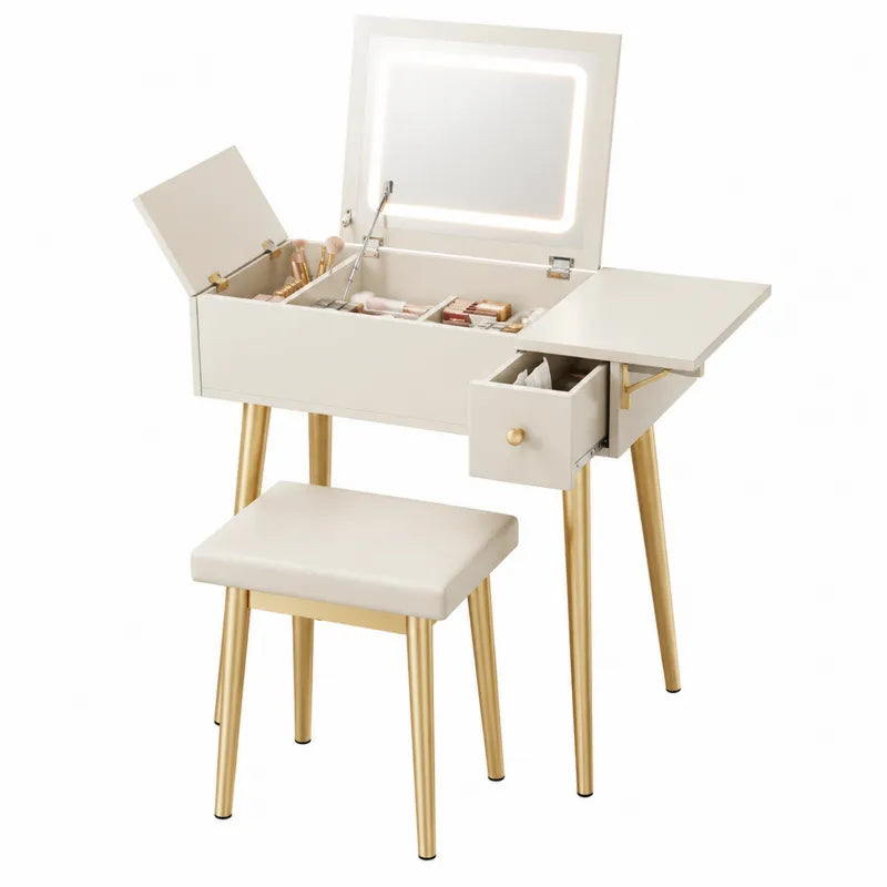Toaletka z lustrem LED i taboretem, MDF, złote nogi, 88x40x75 cm, kremowa