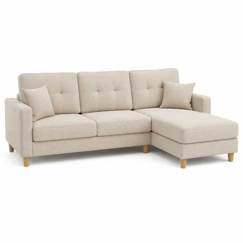 Beżowa tapicerowana sofa narożna z drewna bukowego