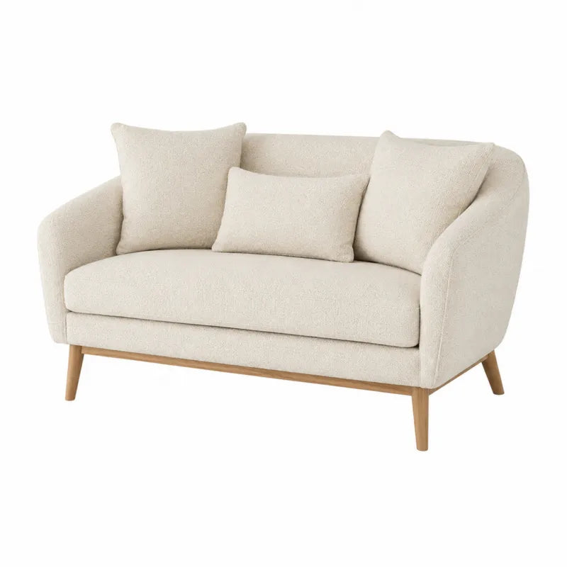 Sofa dwuosobowa z drewna z tapicerką z tkaniny bouclé, beżowa