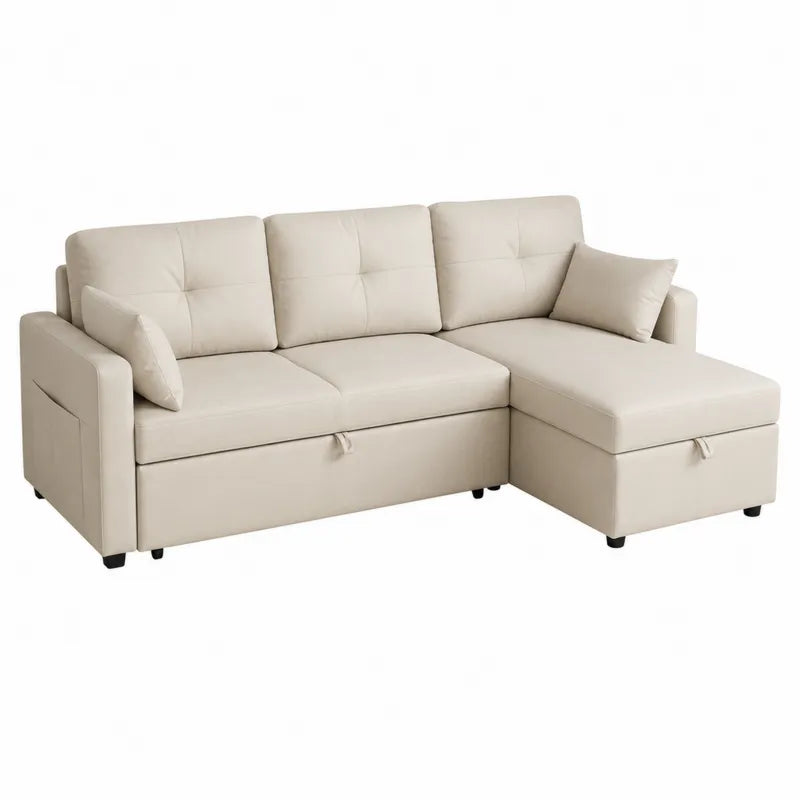 Modułowa sofa ze sztucznej skóry z funkcją spania beżowa