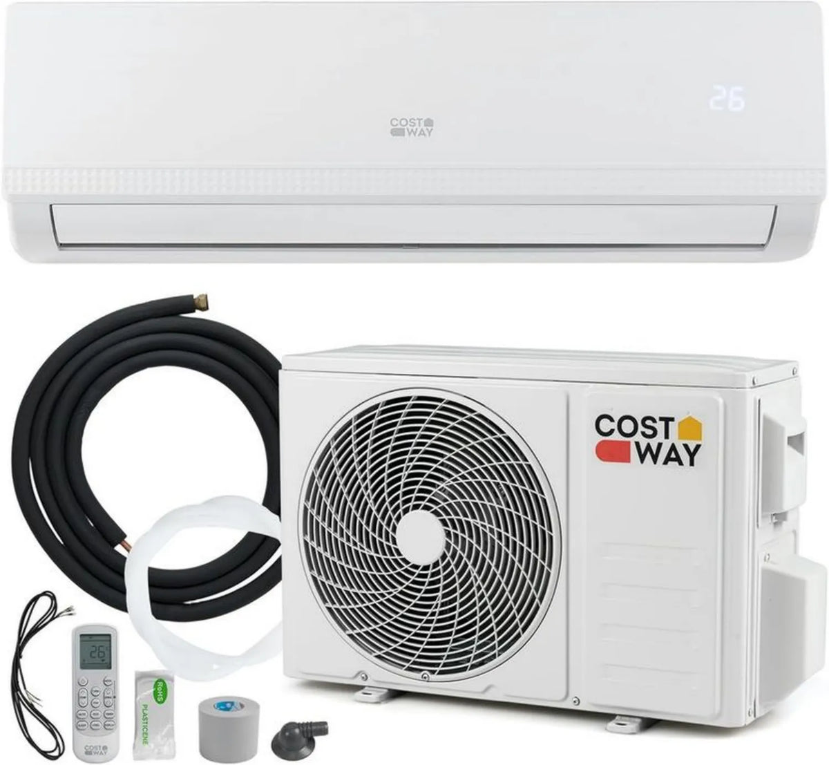 Klimatyzator split COSTWAY 9000BTU z funkcją grzania, energooszczędny, przewód miedziany, R32, SelfClean, montaż ścienny