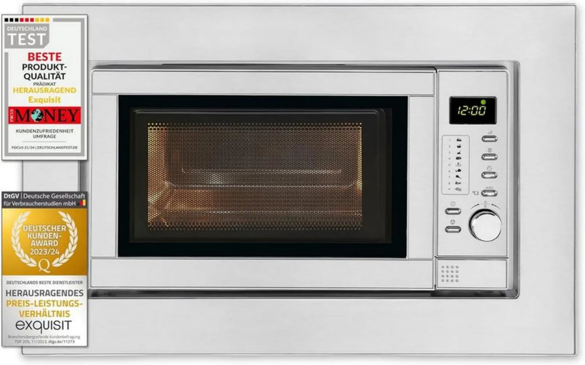 Wbudowana kuchenka mikrofalowa Exquisit 900W z grillem, 5 poziomów mocy, srebrna
