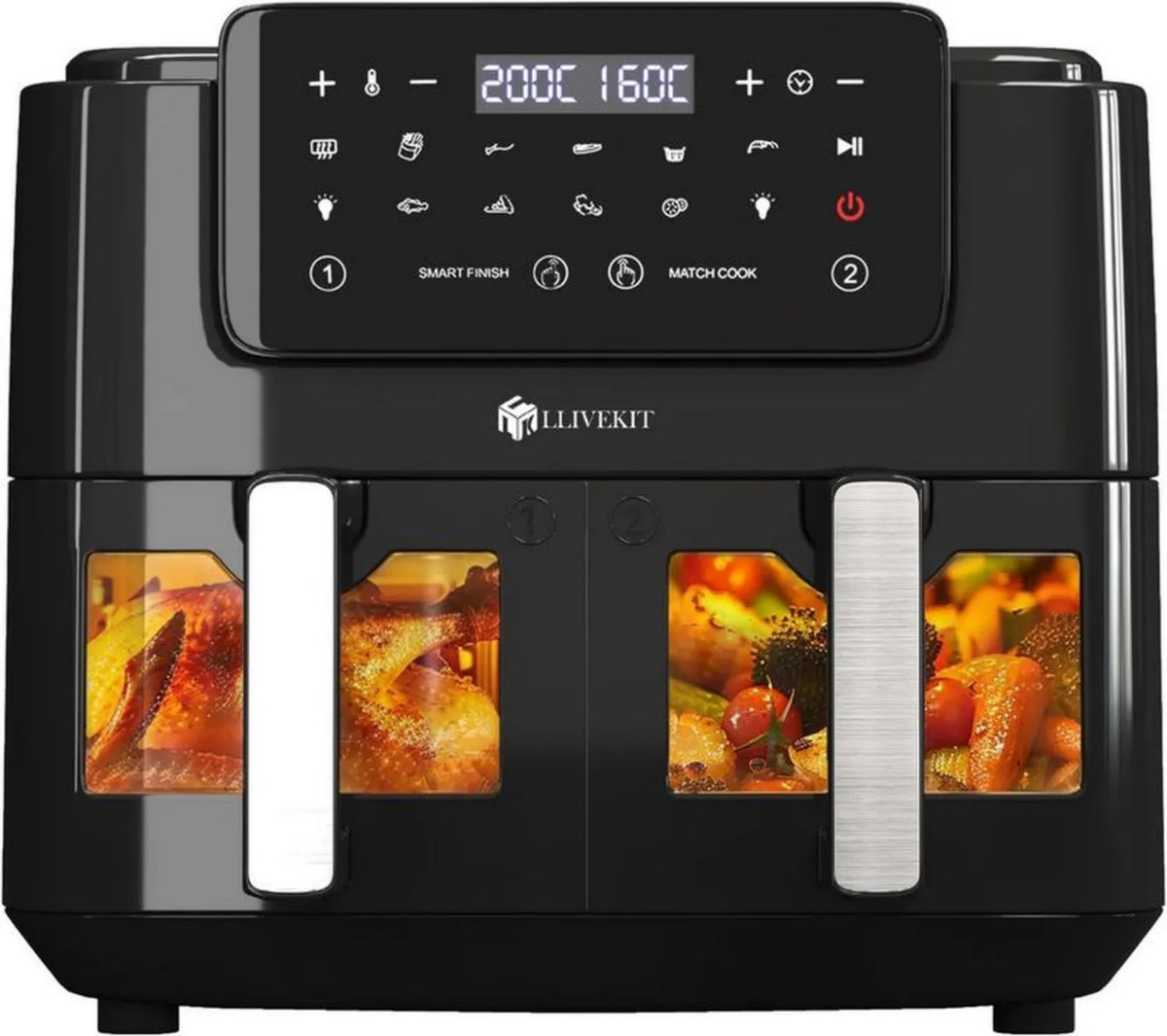 LLIVEKIT Frytkownica na gorące powietrze 9L Dual Zone, XXL, 9 w 1, bez tłuszczu, ekran dotykowy, funkcja Smart, timer