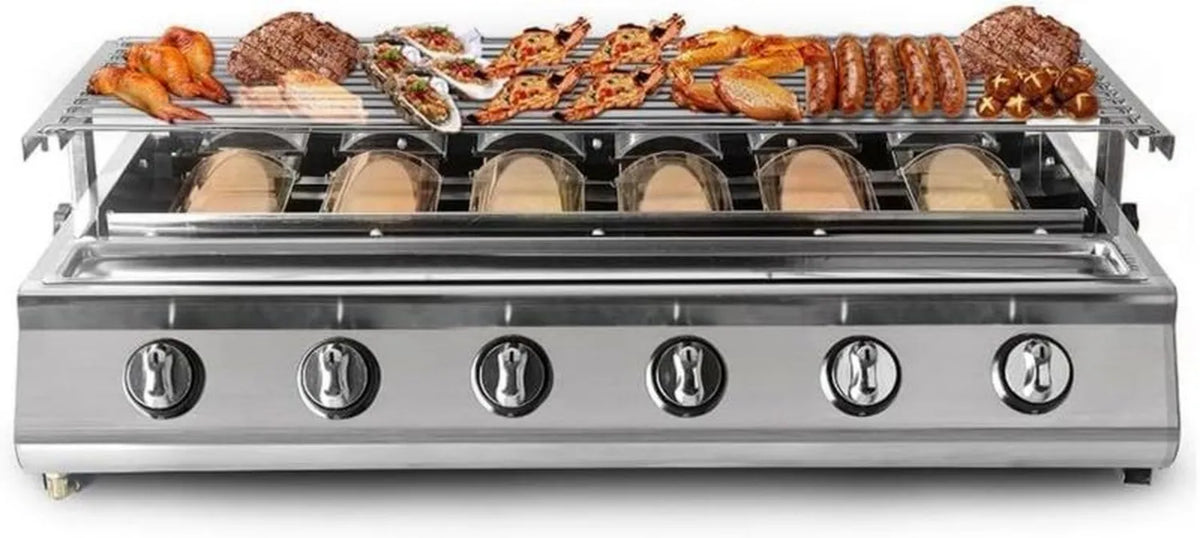 Mobilny grill gazowy 6-palnikowy, duża powierzchnia nieprzywierająca, idealny do ogrodu i kempingu