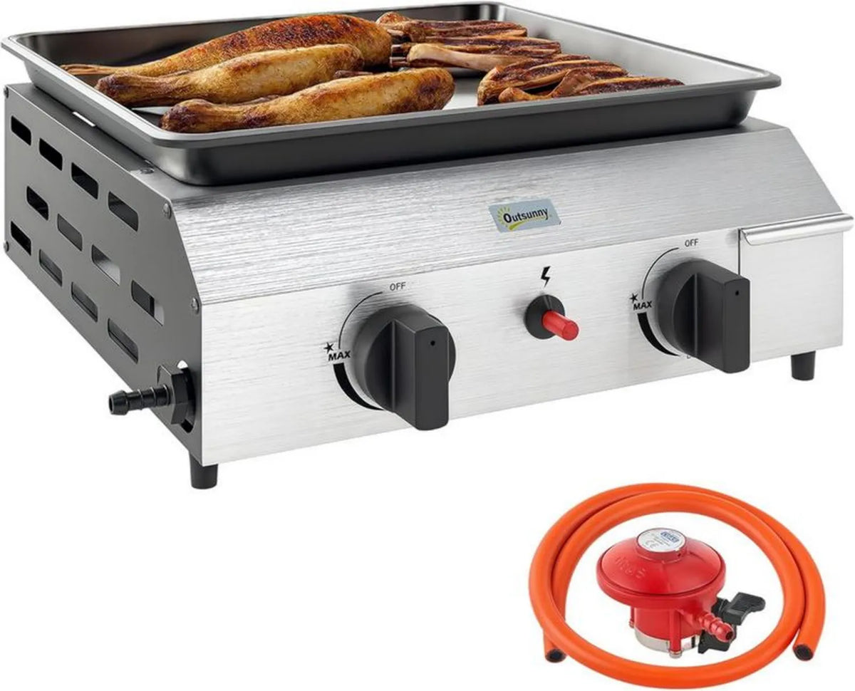 Outsunny Przenośny Grill Gazowy Plancha, 2 Palniki 4,8 kW, Stal Nierdzewna, Idealny na Piknik i Kemping