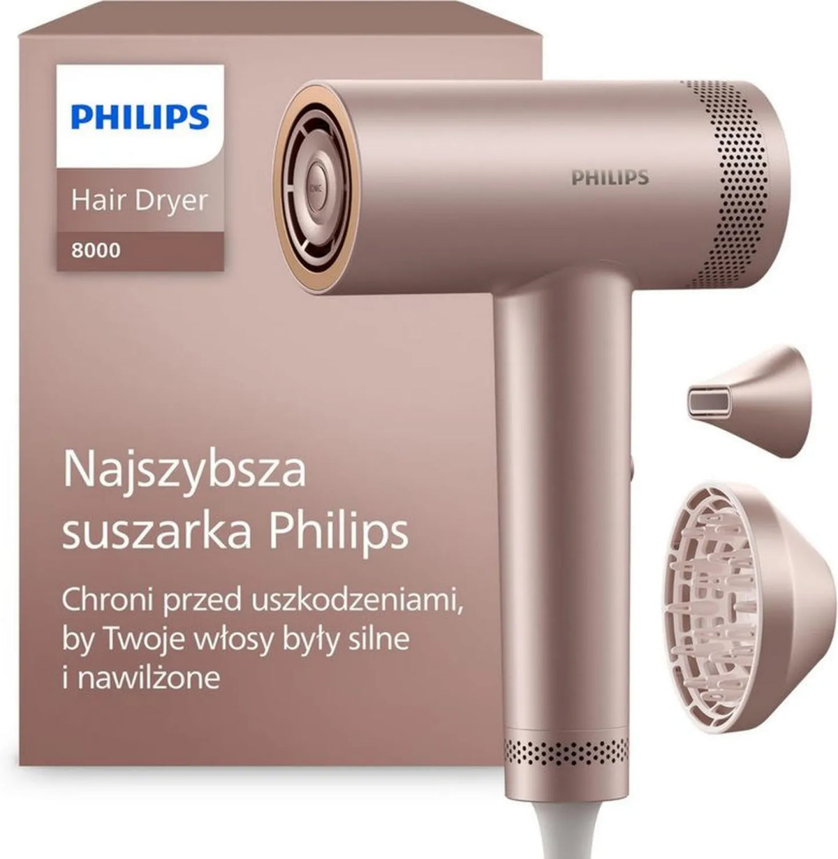 Suszarka Philips 8000: Technologia ThermoShield, 1400W, Rose Champagne