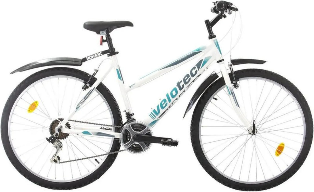 Velotec aluminiowy rower górski 26 cali, 18 biegów, V-Brake, dla kobiet i dziewcząt, wzrost 150-175 cm, biało-niebiesko-szary