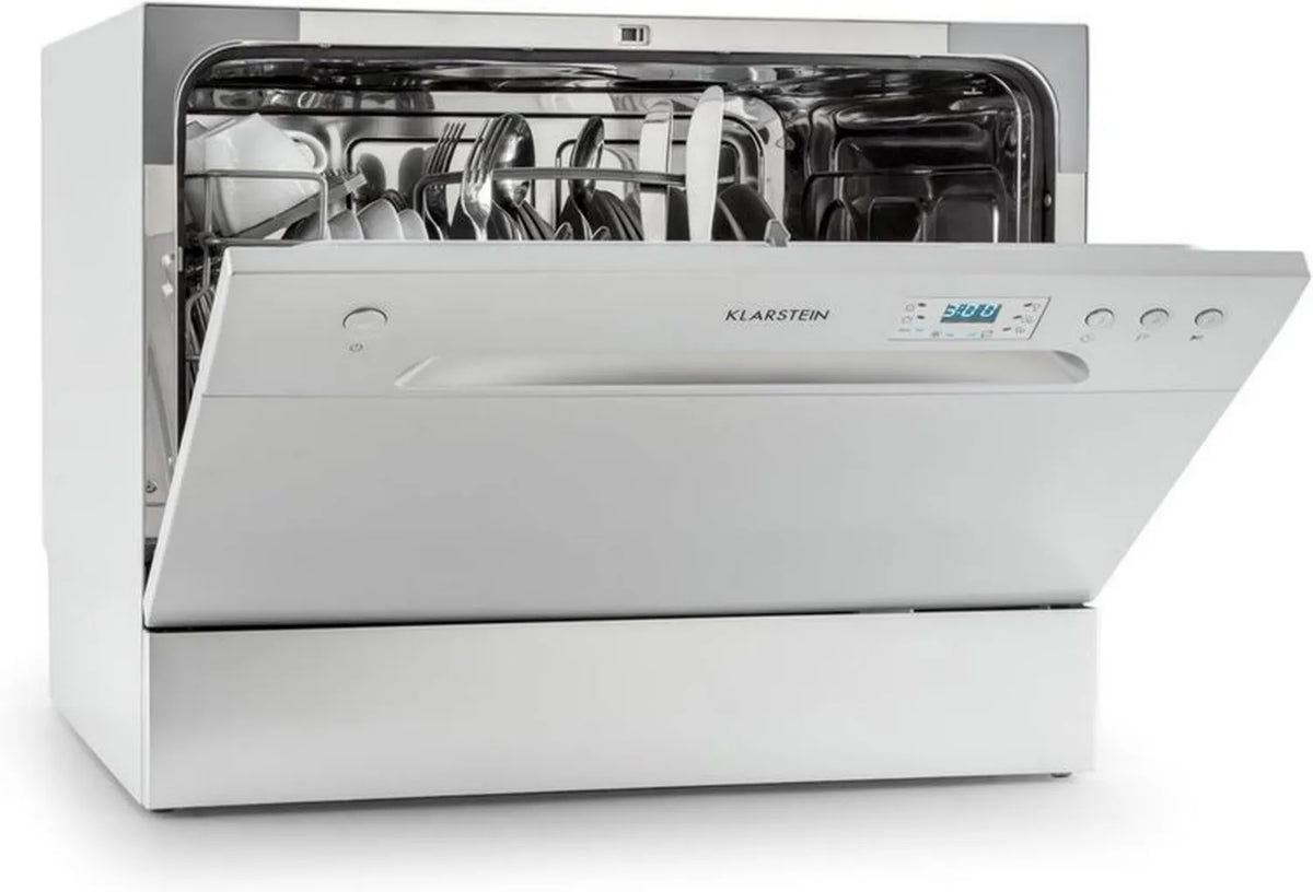 Klarstein Amazonia Zmywarka Mini, Klasa Energetyczna F, 6 Programów, 2 Półki na Sztućce, Energooszczędna, Cicha Praca, 1380 W, Srebrny