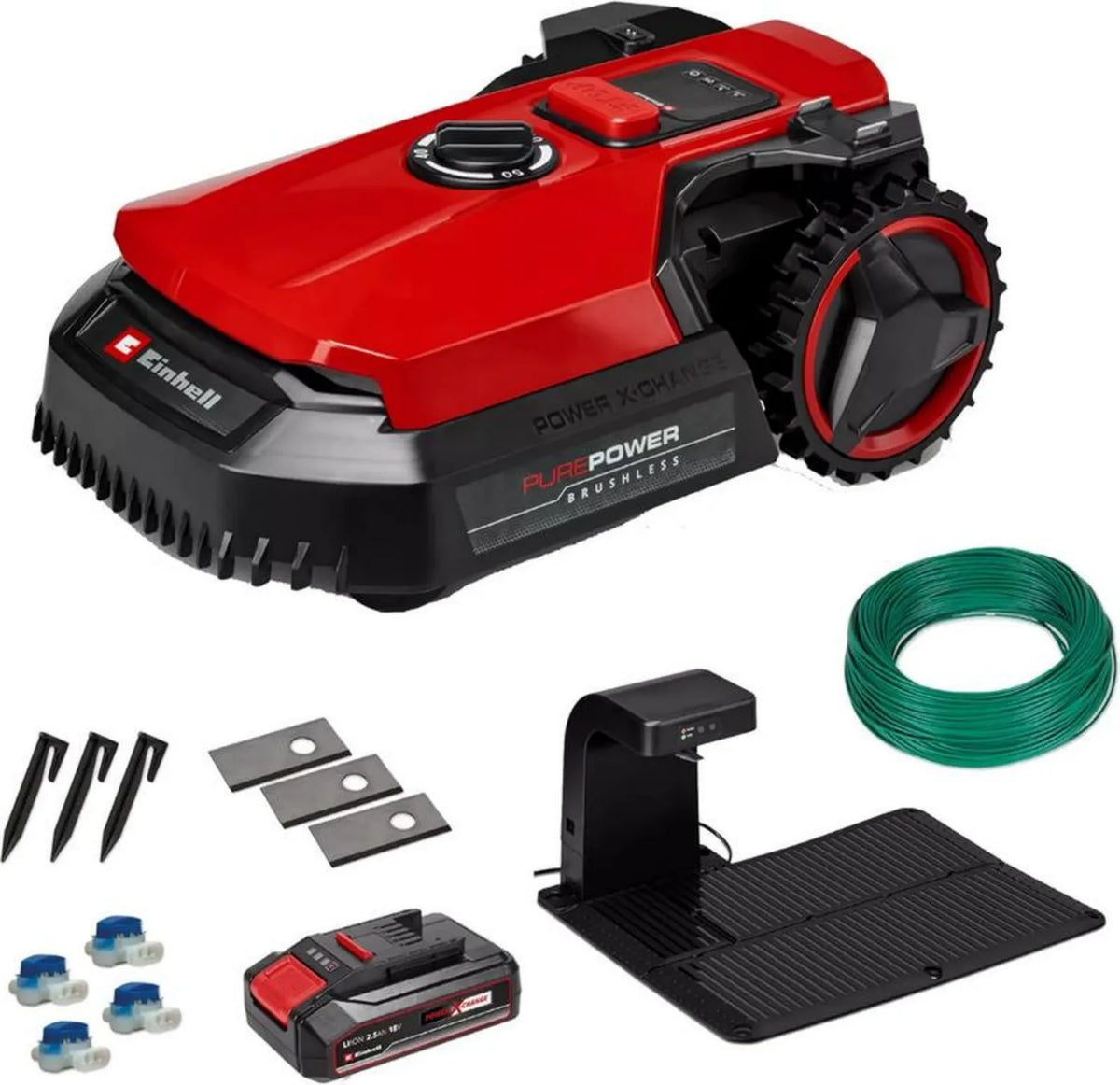 Robot koszący Einhell FREELEXO 500 z systemem Power X-Change, sterowanie przez aplikację, wodoodporność IPX5, aktualizacje OTA przez WiFi, zestaw do instalacji na powierzchni 500 m², akumulator 2,5 Ah