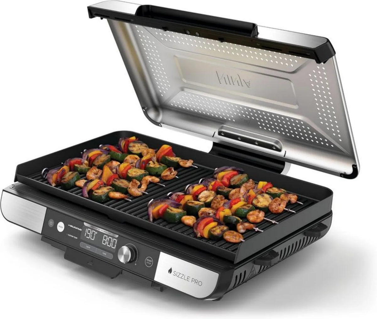 Ninja Sizzle Pro XL Grill z powłoką ceramiczną, zdejmowaną pokrywą i tacką na tłuszcz, srebrny/czarny