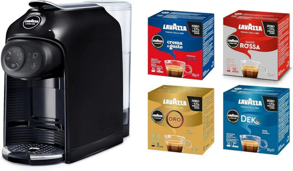 Lavazza A Modo Mio Ekspres do Kawy Idola z Wyborem 64 Kapsułek, Kompaktowy i Cichy, 1500 W, 1,1 L