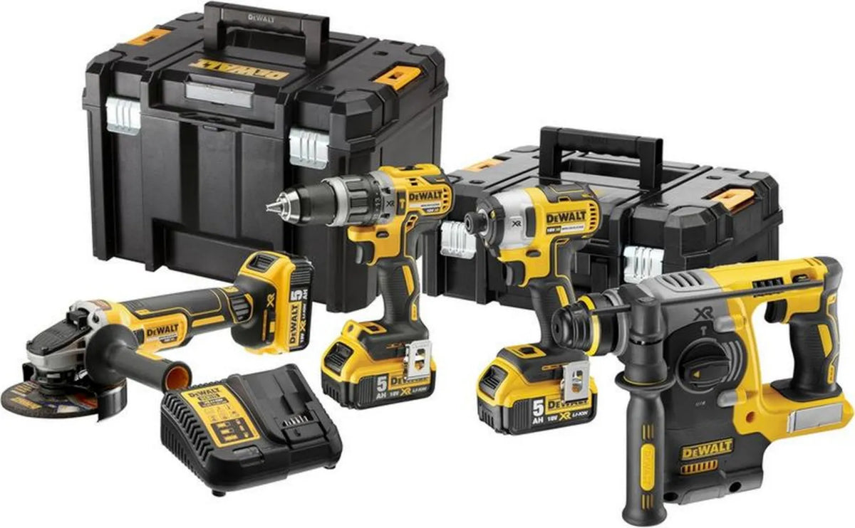 DEWALT 18V Zestaw Kompletny: Wiertarka, Młotowiertarka, Szlifierka kątowa, Zakrętarka, Akumulatory i Ładowarka