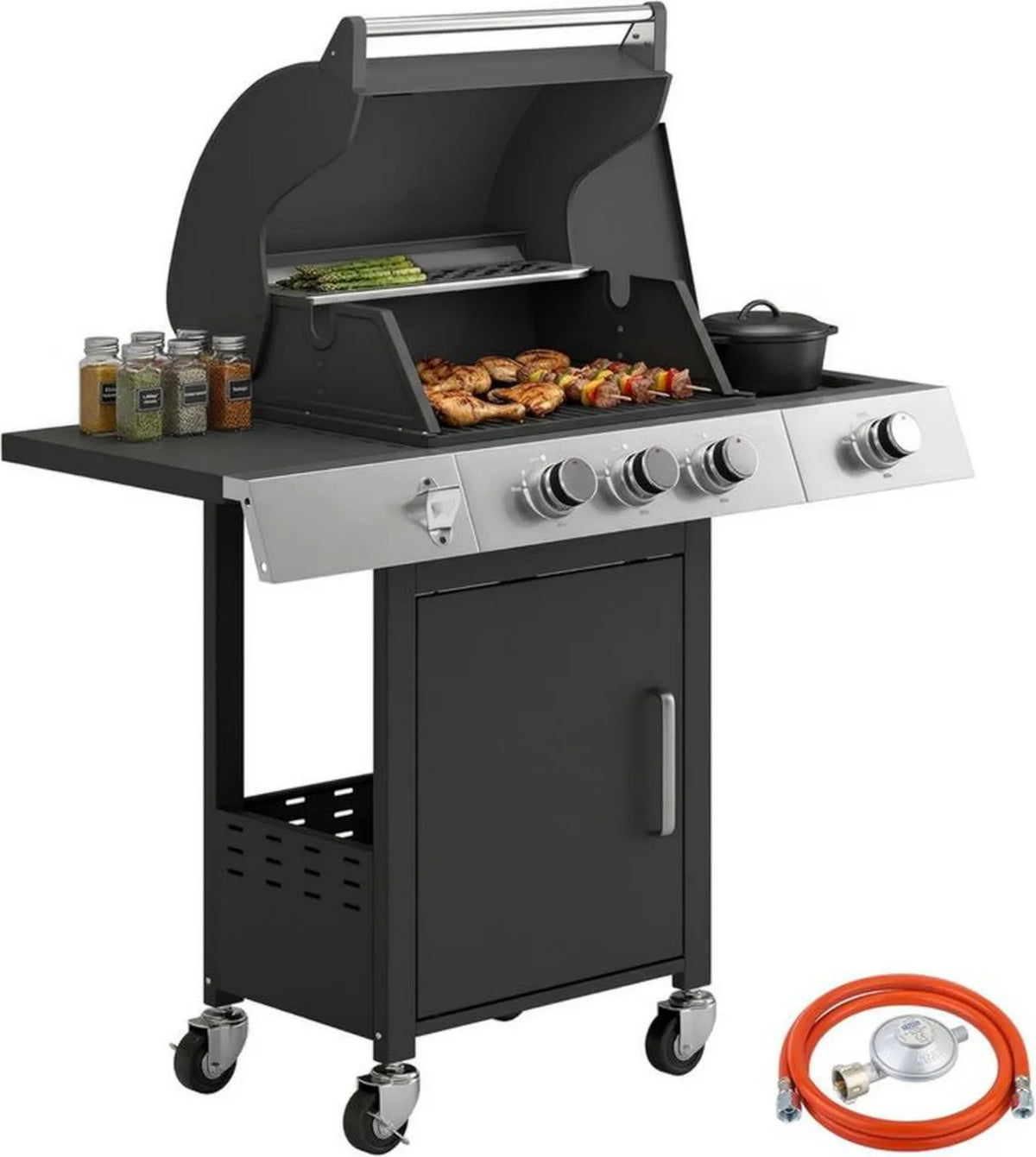 Grill gazowy Outsunny 10,5 kW z 3+1 palnikami, stal nierdzewna, boczny palnik, otwieracz do butelek, termometr, ruszt żeliwny i stolik