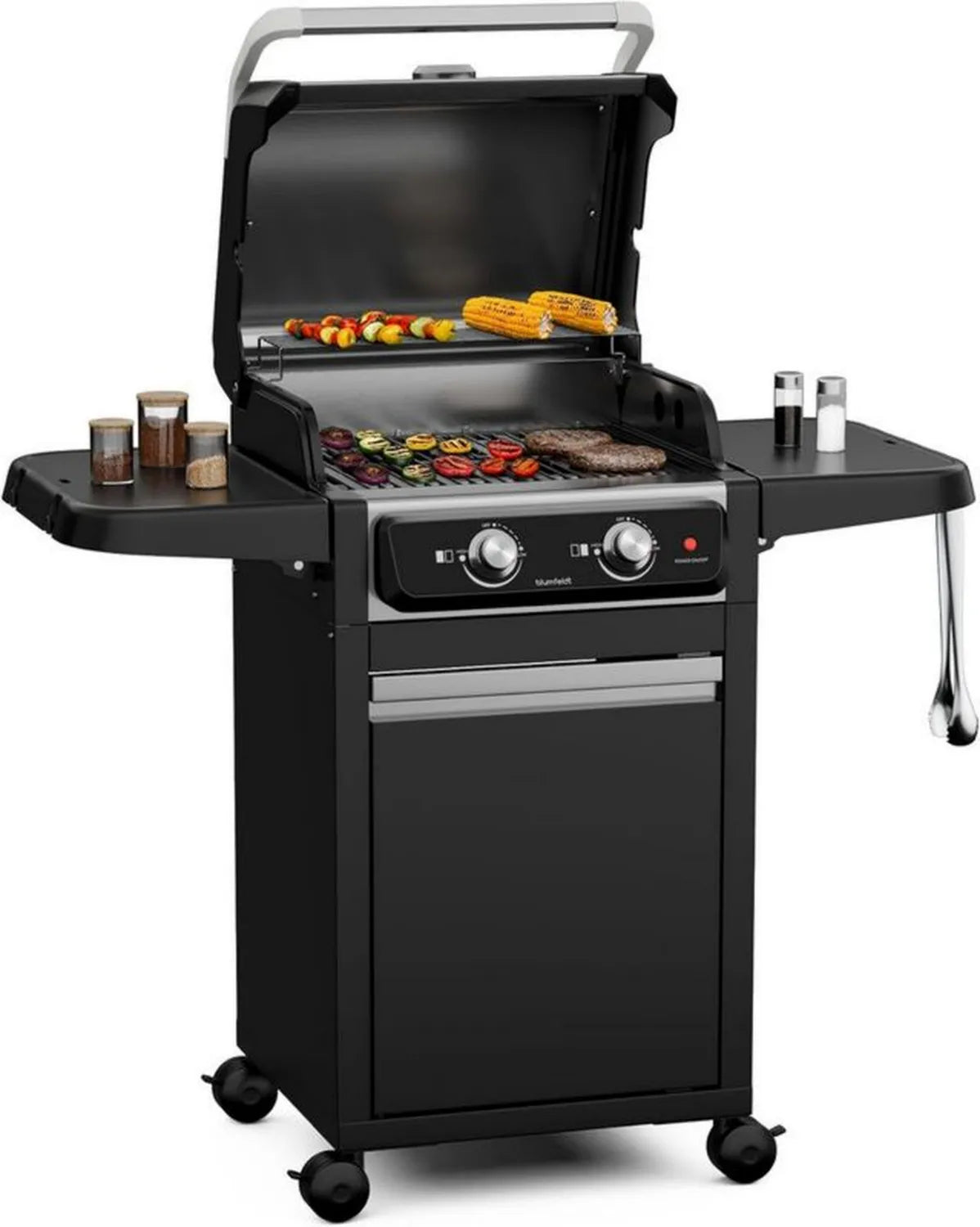 Grill elektryczny Blumfeldt ElectricPro 3000 W, balkonowy i zewnętrzny, żeliwny ruszt, termometr, kompaktowe stoły boczne, 100-330°C, łatwe czyszczenie