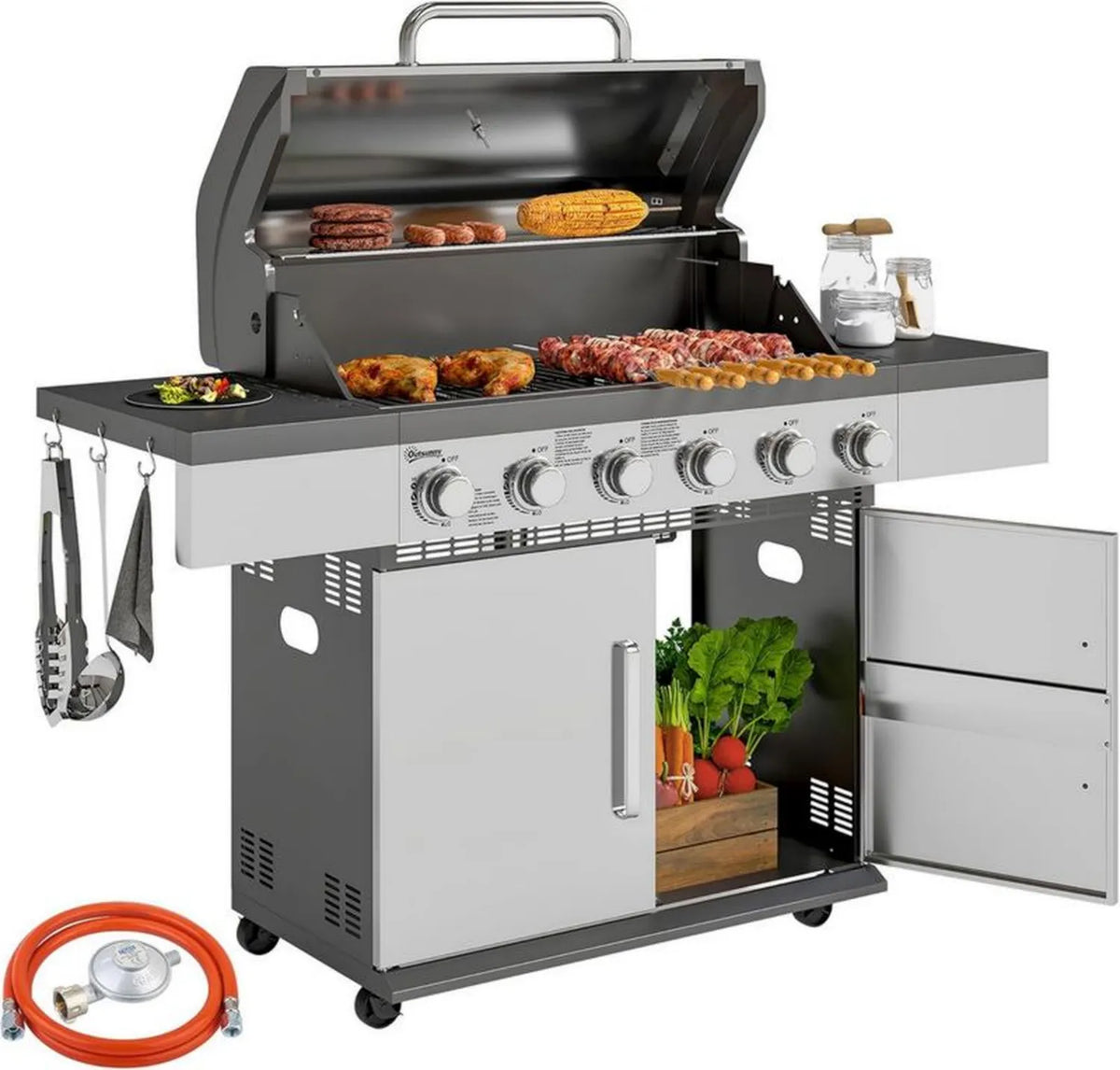 Grill gazowy ogrodowy Outsunny 8500BTU z 6 palnikami, termometr, reduktor ciśnienia, pokrywa i półki boczne