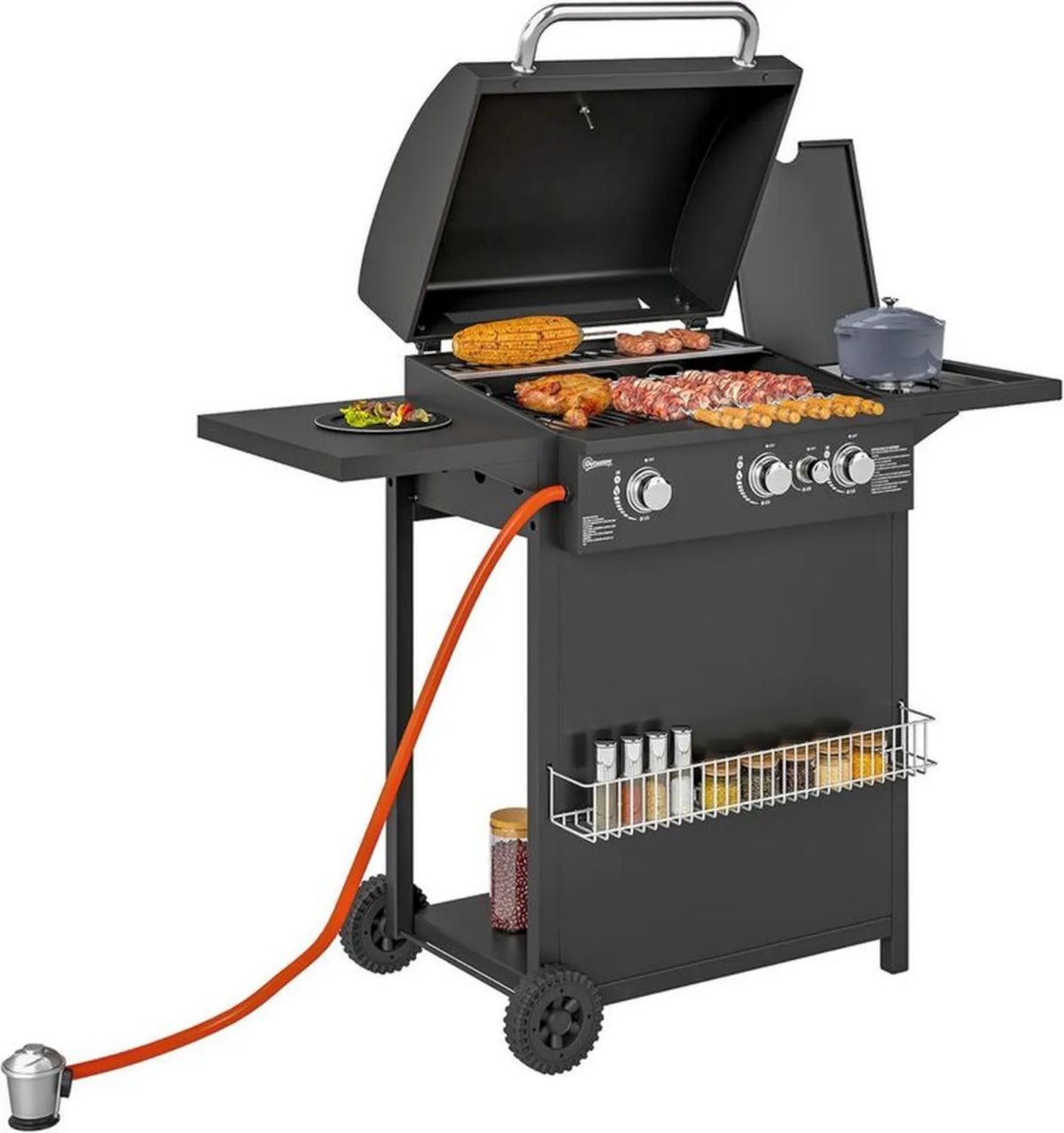 Grill gazowy 9,5 kW z 4 palnikami i kuchenką boczną na kółkach, termometr, półki boczne