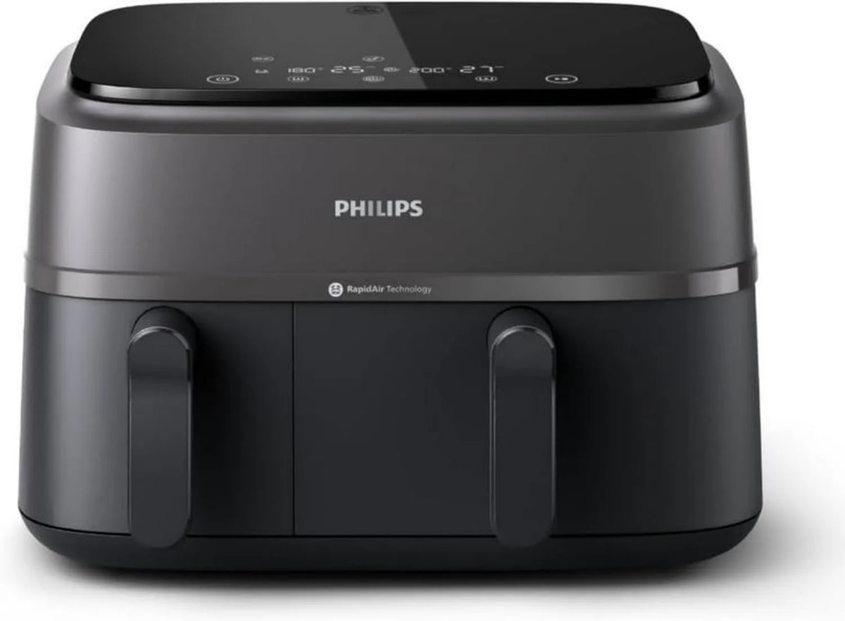 Philips Kosz Dwuosobowy AirFryer - zdrowe i szybkie gotowanie, idealna do pieczenia i grillowania, pojemność 9 l, technologia RapidAir, ekran dotykowy, dwie szuflady (NA350/00)