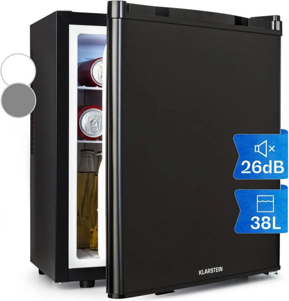 KLARSTEIN Happy Hour Mini chłodziarka do sypialni, kompaktowa lodówka na napoje i żywność, z oświetleniem LED, regulowane półki, do biura i na kemping, pojemność 38L, zakres temperatur 6-18°C