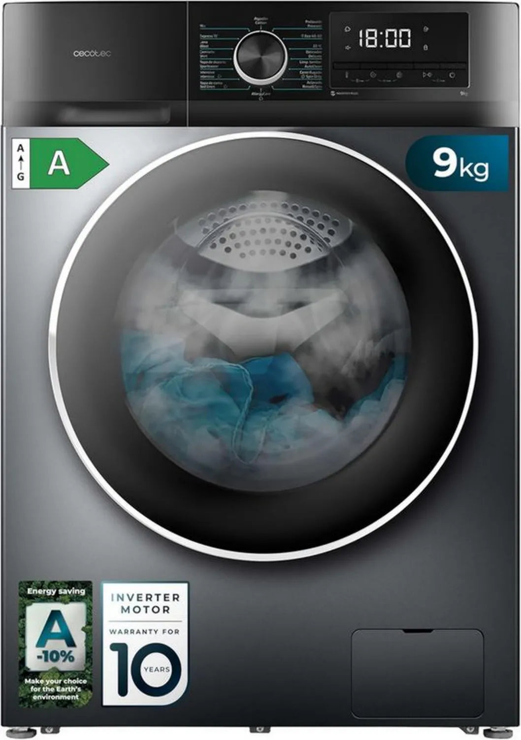 Cecotec Pralka Dresscode Bolero 9 kg, Ładunek Przedni, Silnik Inwerterowy, 1400 obr/min, 16 Programów, SteamMax, Opóźniony Start, Niskie Zużycie Energii