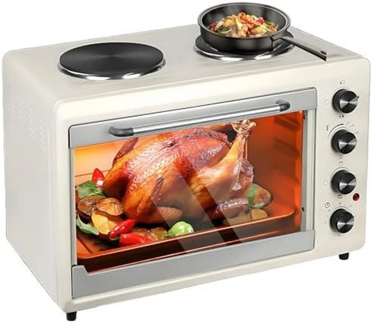 Kompaktowy piekarnik 56 l 2000 W z grillem i podwójną płytą, obrotowe gotowanie 360°, regulowany termostat i timer
