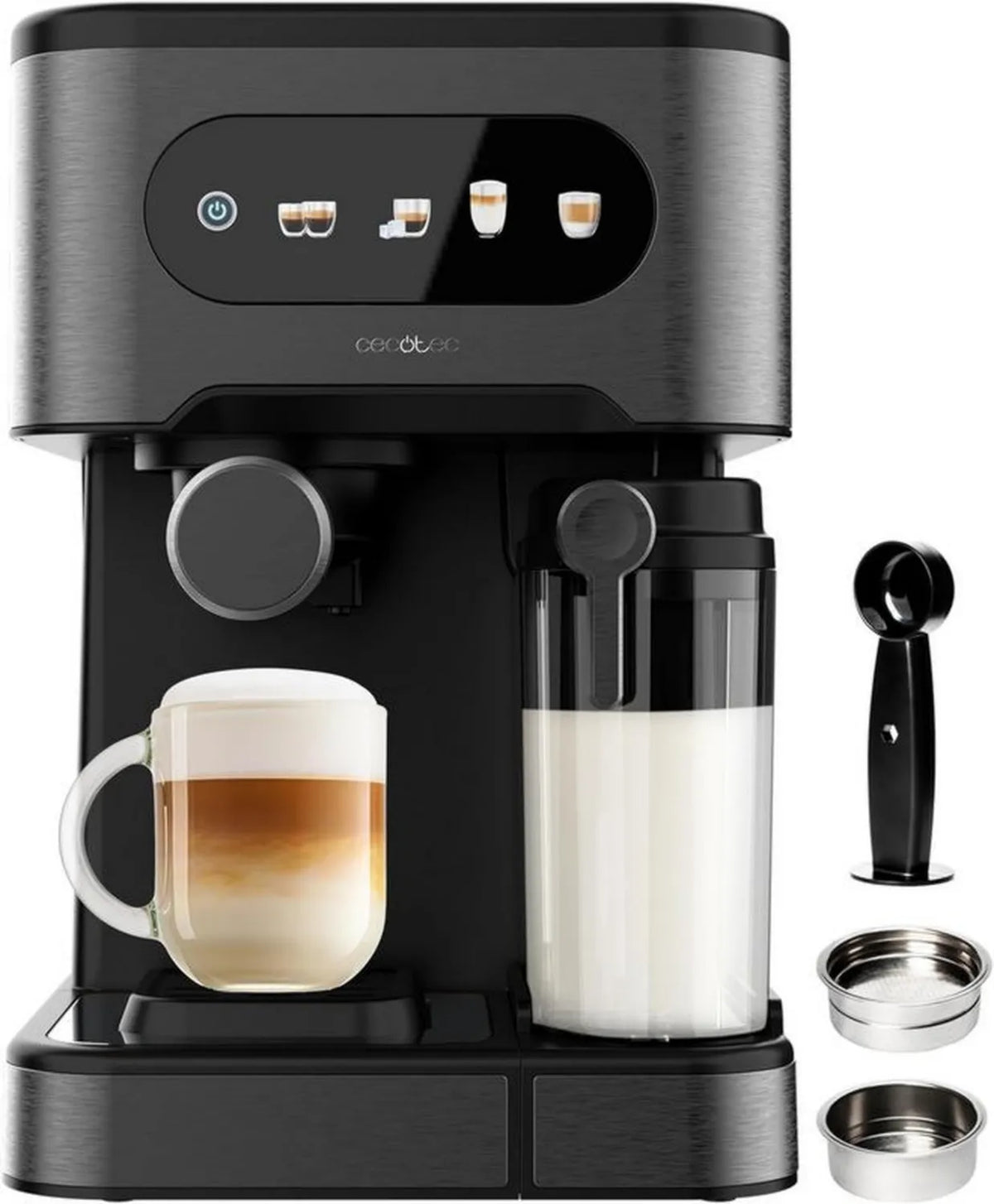 Cecotec Ekspres do Kawy Espresso Półautomatyczny 1350W, 20 bar, ColdBrew, Ekran Dotykowy, Zbiornik 1,5L na Wodę i 500ml na Mleko