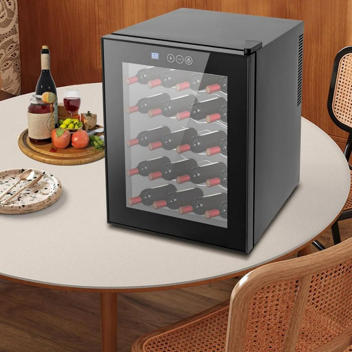 Chłodziarka na wino 20 butelek z oświetleniem LED, szklane drzwi, regulowana temperatura 12-18°C