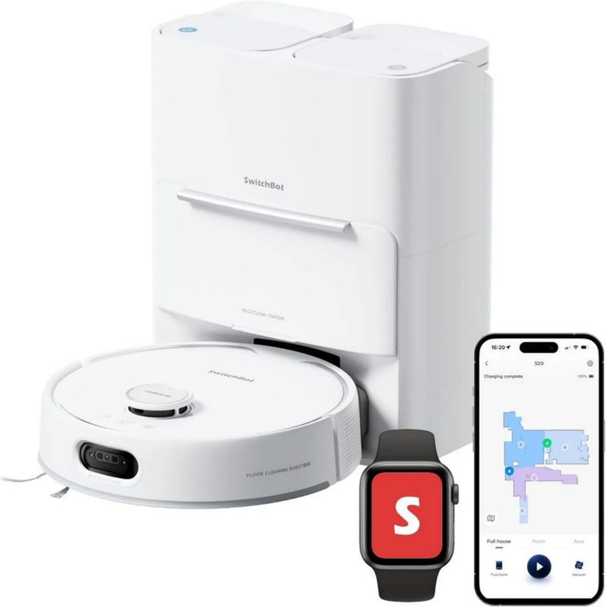 SwitchBot S20 Robot Odkurzacz, zaawansowana AI, 10000 Pa, samoczyszczący, matowy design, zgodność z Apple Home