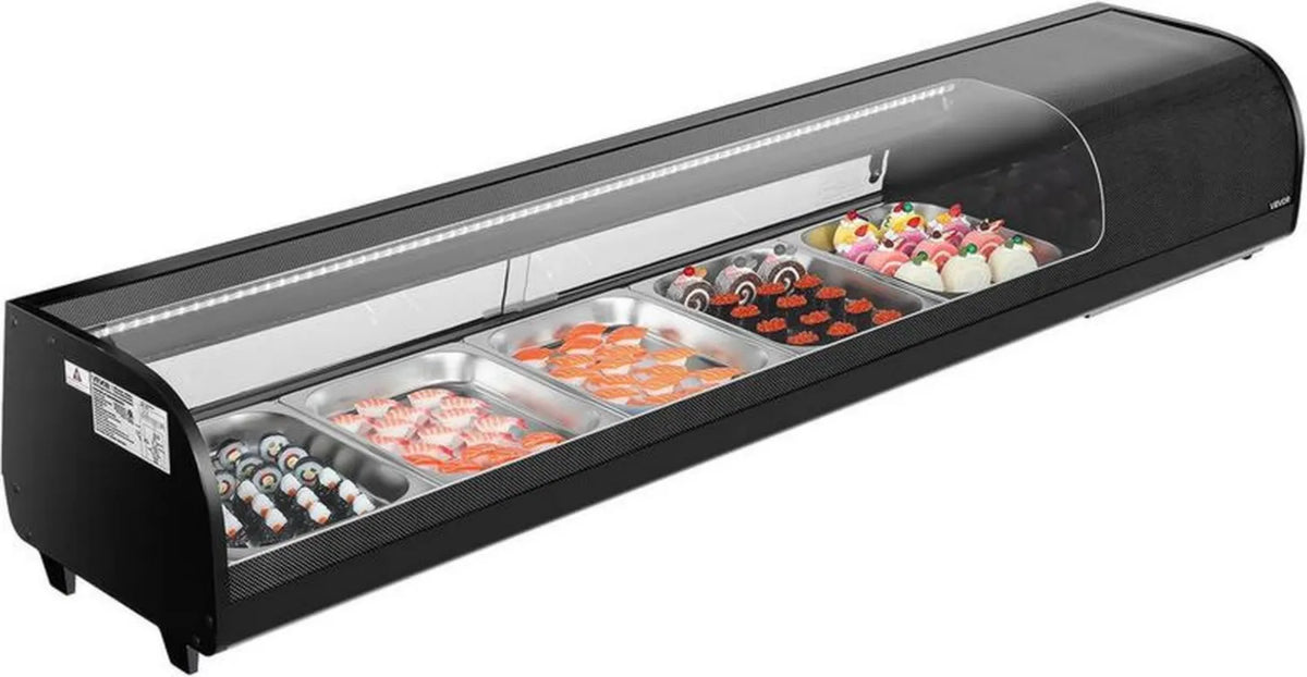 Chłodziarka sushi VEVOR 82L z LED i cyfrową kontrolą, pięć tac, czarne szkło