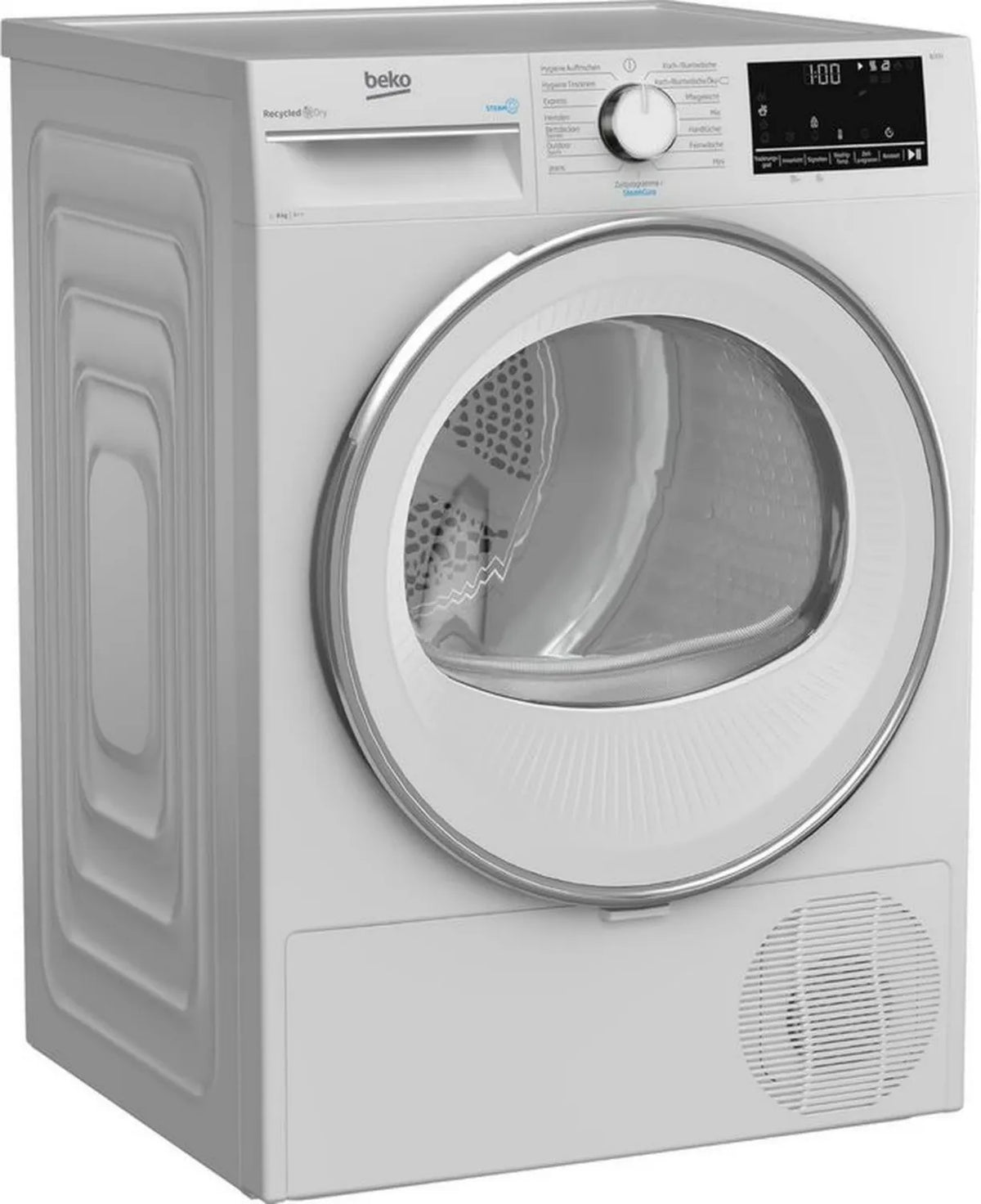 Beko suszarka bębnowa 8 kg, ładowana od przodu, z pompą ciepła, idealna dla alergików, 15 programów, funkcja pary, wyświetlacz wielofunkcyjny, bęben Aquawave, biały