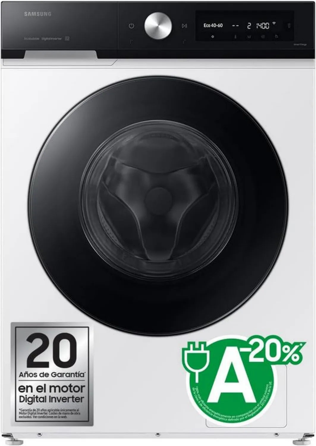 Samsung WW90DB7U94GEU3 - Inteligentna pralka EcoBubble, 9 kg, klasa A-20%, Super Speed 39, automatyczne dozowanie, funkcja pary, biały