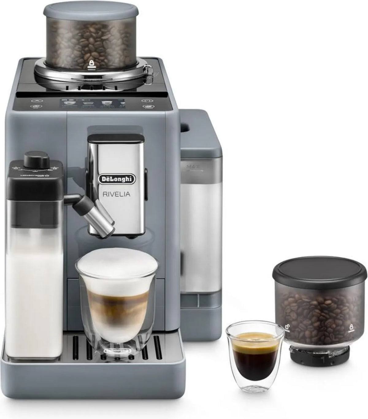 De'Longhi Rivelia EXAM440.55.G, automatyczny ekspres do kawy z funkcją LatteCrema, 16 programów, ekran dotykowy, szary