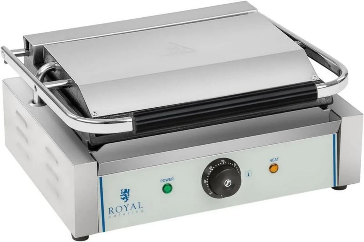 Elektryczny grill kontaktowy 2200W Royal Catering - gładka płyta dolna, rowkowana górna